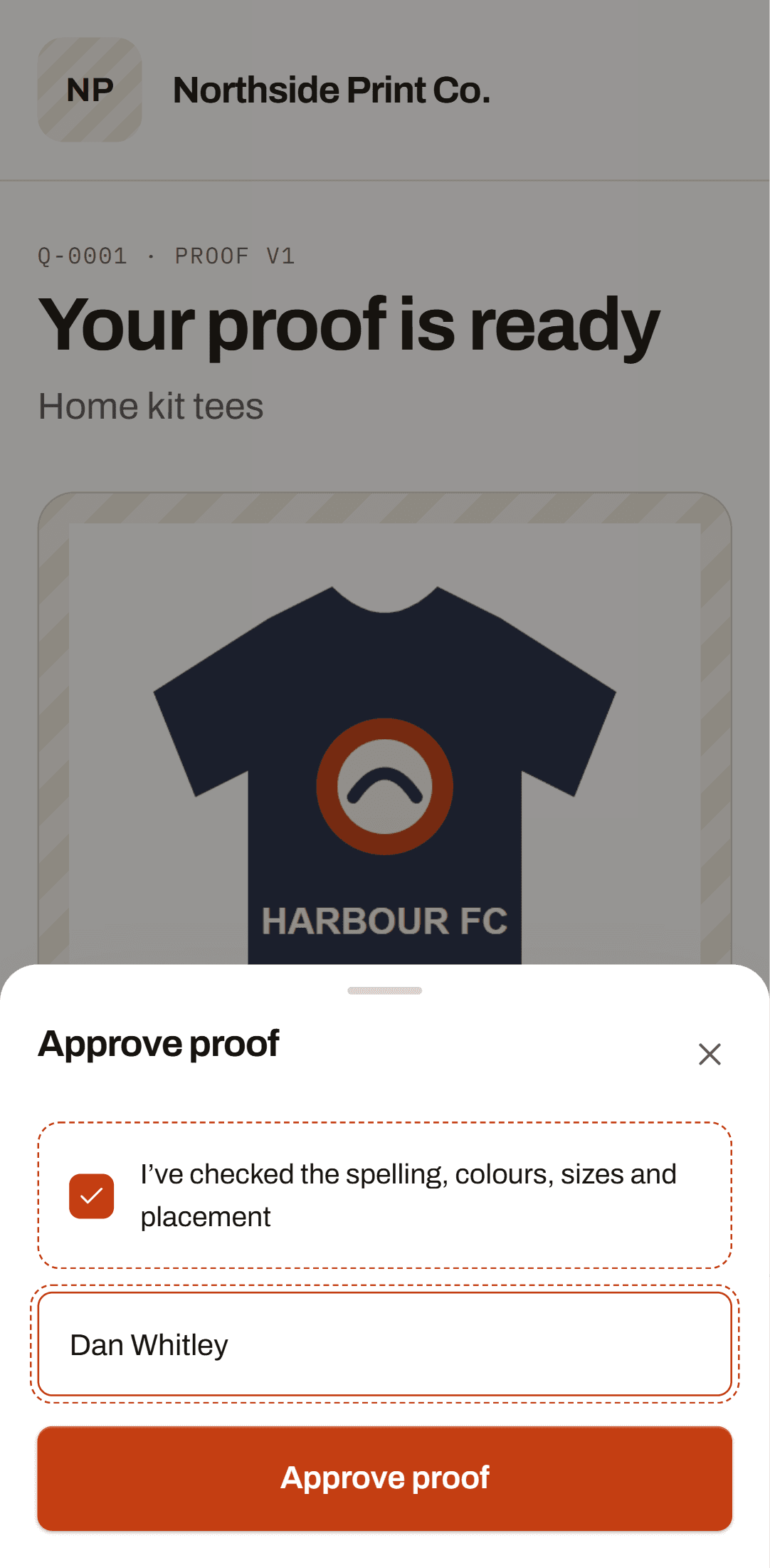 A customer approving a proof on a phone