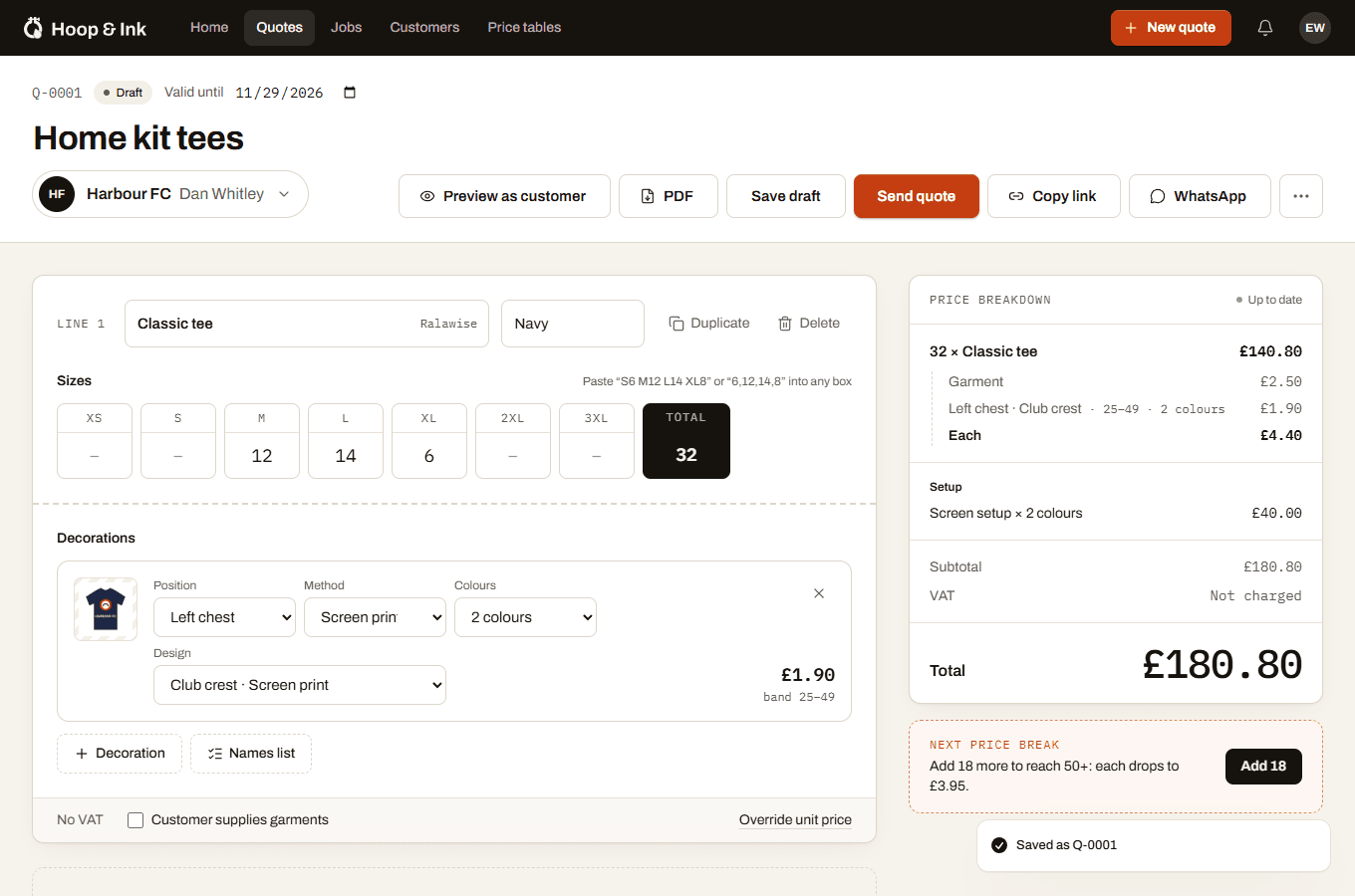 The quote builder with a live price breakdown