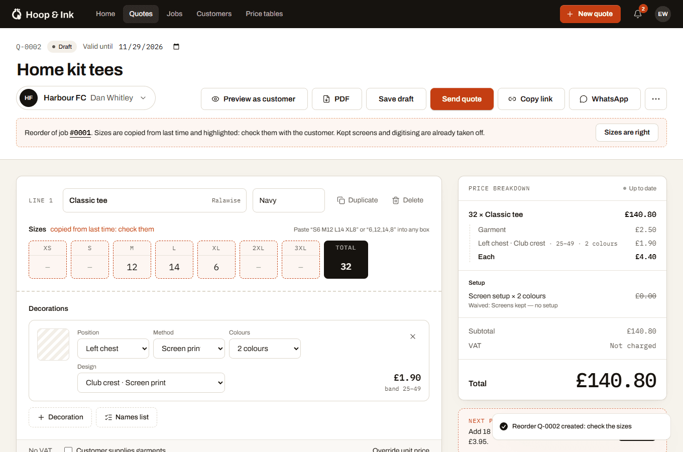 Reorders due on the dashboard